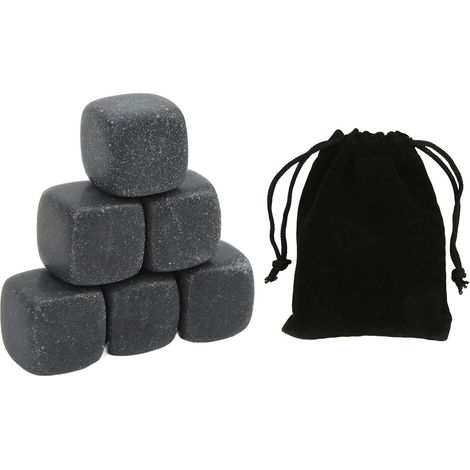 Pierre de whisky en basalte réutilisable, lot de 6 avec sac de rangement, pour whisky cognac vin et boissons, refroidissement sans dilution, cadeau idéal. (1/5)