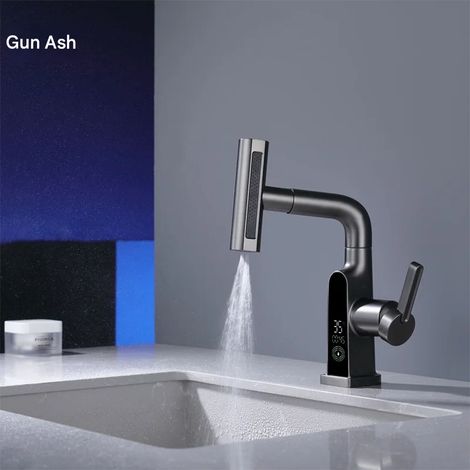 Robinet de cuisine extractible à effet cascade avec affichage numérique (gris anthracite) pour mélanger l'eau chaude et l'eau froide. (1/5)