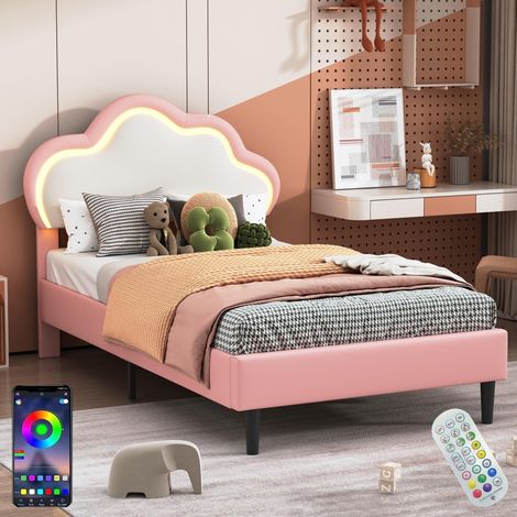 Letto singolo capitonné 90x200 cm, con illuminazione LED, rete a doghe, telecomando, tessuto similpelle, letto per bambini - Rosa