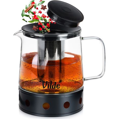Teiera con infusore per il tè, vetro resistente al calore, con scaldino, 1,5 l