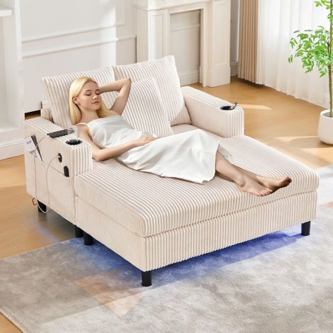 Ménage méridienne avec porte-gobelets latéraux, port USB et éclairage d'ambiance LED intégré. Idéal pour les salons, les chambres ou les vérandas. (1/4)