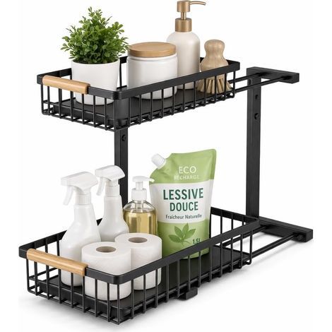 1 Sliding Organizer, 2 Tiers, Carbon Steel, Adjustable, for Kitchen and Bathroom (1/5)