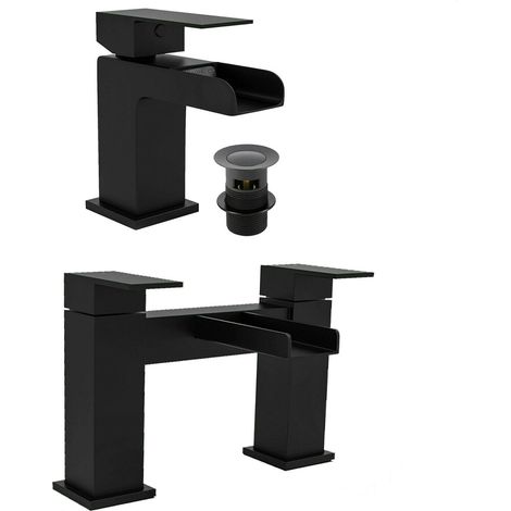 Matt Black Square Waterfall Basin Sink Tap & Bath Filler Set