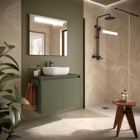 Badezimmermöbel NOJA 800 2 Türen GREEN SATIN + Waschtisch-Platte (1/2)