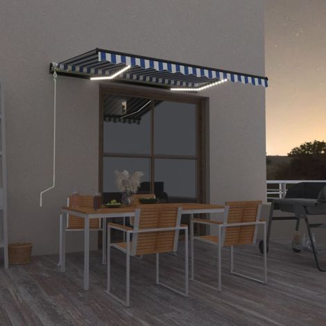 Auvent, Marquise auvent de porte, Abri banne entrée protection automatique capteur de vent/LED 300x250 cm Bleu et blanc LKOWF58045 (1/5)