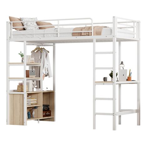 Lit mezzanine,90200cm,sans matelas,lit avec bureau,avec prise et USB,plusieurs étagères,placard de rangement ouvert,balustrade,échelle,structure en fer,blanc