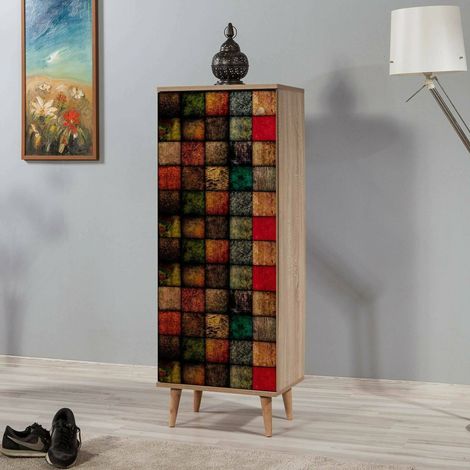 Dmora - Schuhschrank Cebalrai, Schuhregal, Mehrzweck-Eingangsgarderobe, Möbel für Schuhe, 50x38h135 cm, Eiche und Multicolor, mit verstärkter Verpackung (1/5)