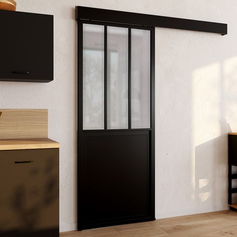 Kit de puerta corredera de cristal de 83 cm en cristal templado esmerilado, metal + MDF con riel y fijaciones (1/5)