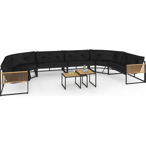 Niedrige Gartengarnitur RIO 12-Sitzer Eckgarnitur Metallgestell schwarz und Seil Rattan-Effekt mit schwarzen Kissen