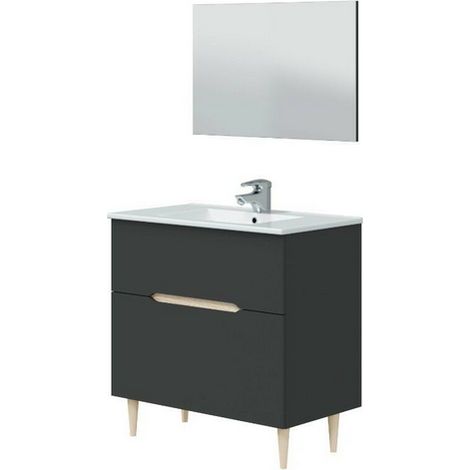 Miroytengo – Meuble lave-mains avec miroir – Mélaminé gris anthracite et chêne clair – Dimensions 80x45x80 cm – Design moderne avec pieds coniques (1/4)