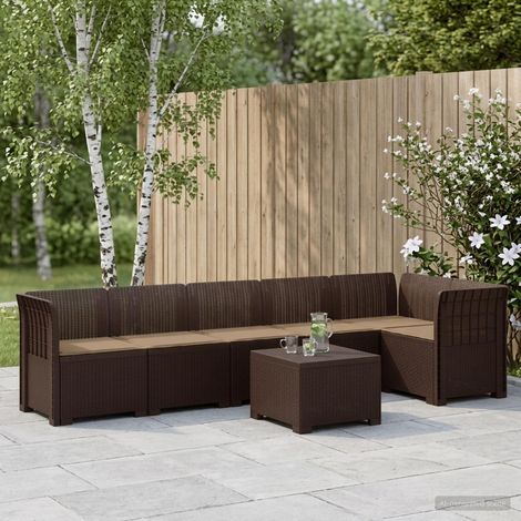 Canapé de Jardin Modulaire 6 Places avec Table et Coussins Aspect Rotin PP Marron, 68.86kg - PANGIVO (1/5)