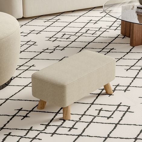 Beige Linen Pouffe Footstool with Wooden Legs (1/5)