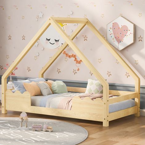 Kinderbett aus massivem Kiefernholz Natur 90x200 cm mit Lattenrost, Rausfallschutz und Gästebett (1/5)