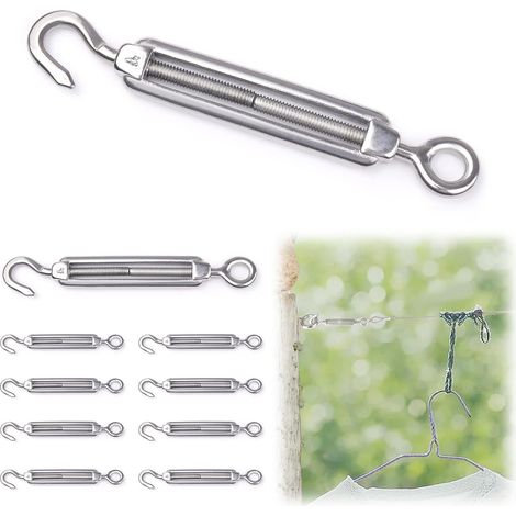 Lot de 10 crochets et œillets M4, tendeur C à O, en acier inoxydable 304, kit de matériel pour câble métallique tension très résistant, pour pare-soleil, installation d'auvent de tente (1/5)