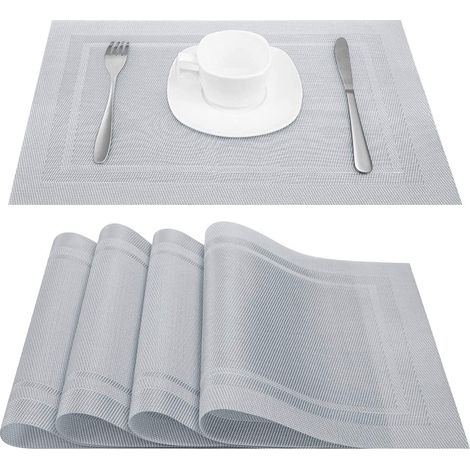 4 Sets de Table Lavable PVC Vinyle Dessous Assiette de Dîner Durables Napperon Rectangulaire Intérieure/Extérieure 4 Pièces, 01 Argenté (1/5)