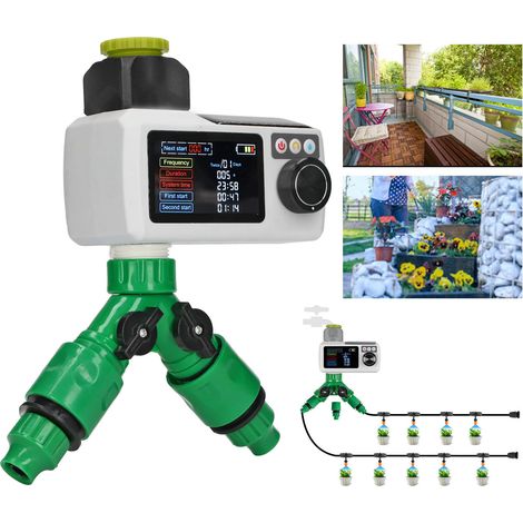 Temporizador de riego solar con dos conexiones, batería NiMH de 1,2 V y sensor de lluvia para riego automático del jardín. (1/5)