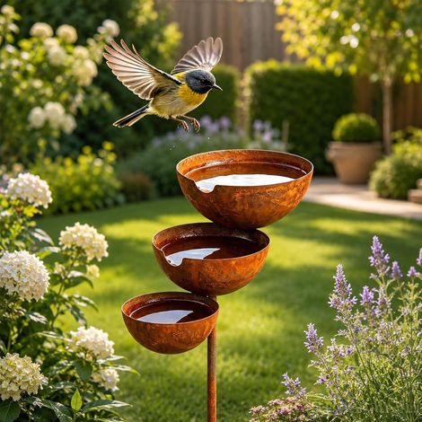 Piquet de jardin en cascade à 3 niveaux, bols d'eau en métal bronze antique, station d'arrosage pour oiseaux et abeilles, parterre de fleurs décoratif pour décoration artistique extérieure (1/5)