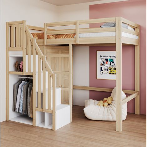 Lit mezzanine 90x200 avec armoire et escalier bois OKMYHOME (1/5)