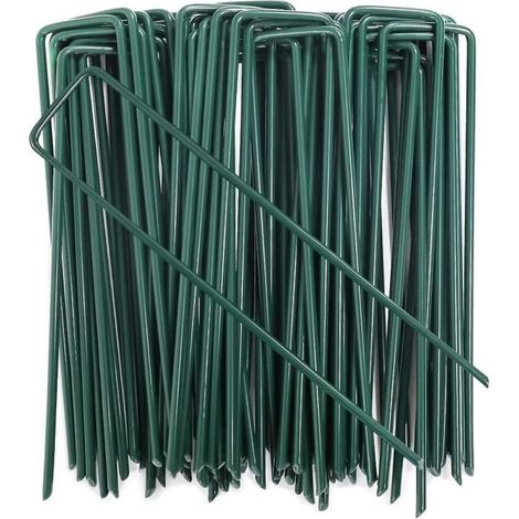 100 pcs Piquets de fixation, acier galvanisé, forme U et pointes, piquets jardin, pour treillis et membranes anti-mauvaises herbes