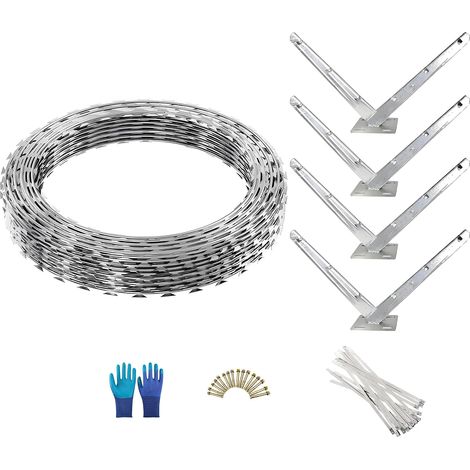 Fil de rasage double spirale galvanisé de 10 m de diamètre de bobine de 50 cm, kit de clôture de sécurité, supports en V, vis, gants, serre-câbles (1/5)