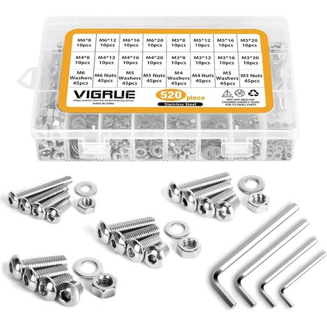 520PCS M3 M4 M5 M6 304 en Acier inoxydable Bouton à tête hexagonale Socket Tête Câble Boulons Vis avec écrous Assortiment (1/5)