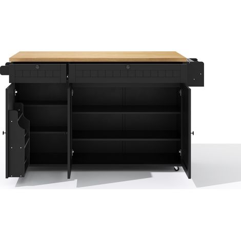 Isla de cocina plegable negra de MDF con 2 cajones, armario y ruedas bloqueables (1/5)