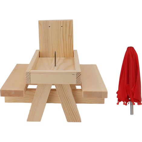 Table à manger pour écureuil en pin, suspendue, avec parasol rouge, pour jardin extérieur (1/5)