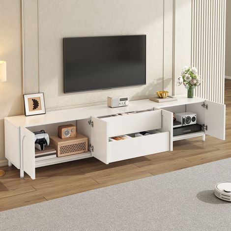 Meuble TV moderne 4 portes et 2 tiroirs, structure en panneaux de particules et MDF, piètement en acier, rangement pour séjour avec portes incurvées (1/5)