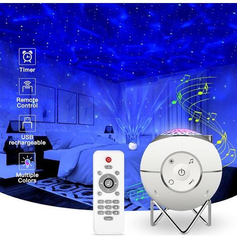 Veilleuse pour enfants, Lampe Projecteur Rechargeable USB LED Musicale Avec 14 Modes & Télécommande & Timer & Support métal pour Enfants Adultes Cadeaux Maison Soirée Décoration (Blanc) (1/3)