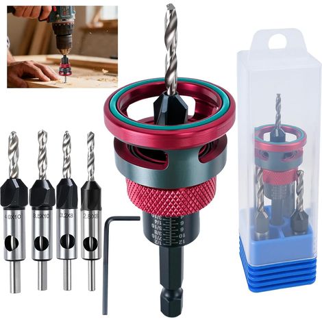 Jeu de 4 Forets à Chanfreiner avec Butée de Profondeur Réglable – Fraise pour Bois – Tige Hexagonale 1/4″ HSS-M2 – Pour Alésage Précis (Rouge)