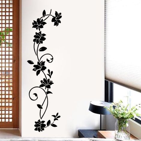 Sticker mural vrille fleur - 2 pièces, Noir floral salon/chambre décoration maison - Couleur noir Étiquette (1/5)