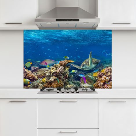 CRÉDENCE CUISINE Paysage sous-marin - Poisson - Tortue - Bleu 120x80 cm (1/5)