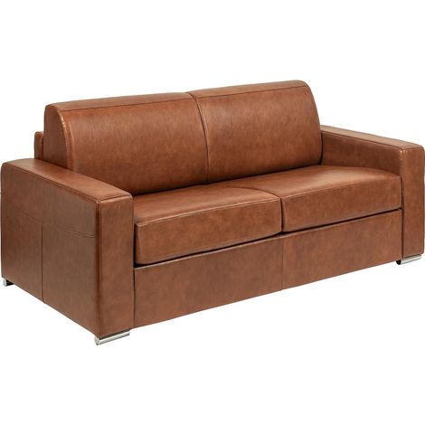 Canapé 4 places convertible express en cuir de buffle vintage caramel - Couchage 160 cm - Matelas 14 cm CALITO (1/4)