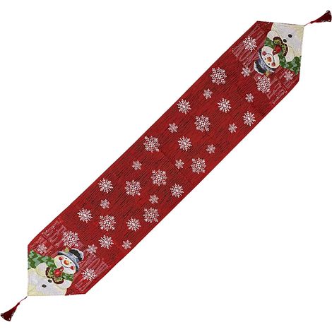 Runner De Table Noel - Motif Bonhomme De Neige Brodé - Coton Et Lin - Pour Table A Manger Famille Ou Decoration De Fete - 33 X 183 Cm