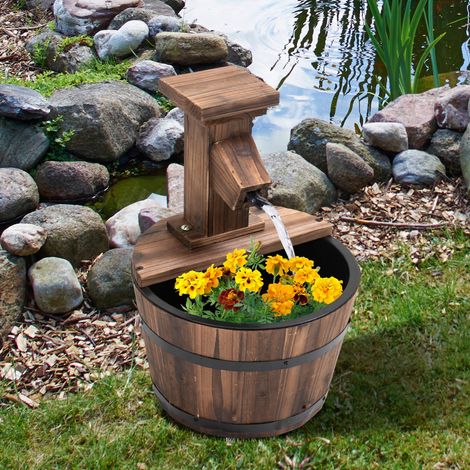 Outsunny Springbrunnen elektrisch Outdoor Gartenbrunnen mit Holzeimer Hahn Pumpe Dekorationsbecken Zimmerbrunnen Wasserspiel Zierbrunnen Wasserfall für Garten Rasen Ø27 x 37 cm Verkohlt