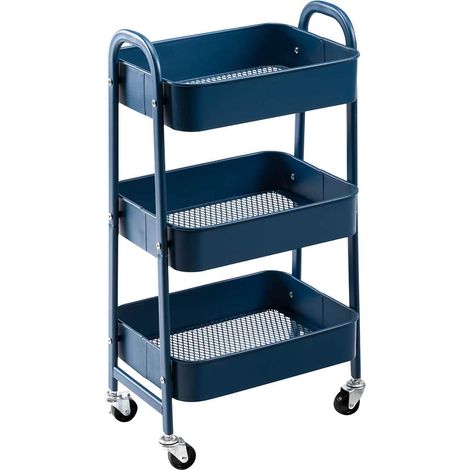 Chariot de Rangement Métal Chariot à roulettes 3 Niveaux Chariots Cuisine Chariots de Service Roulant pour Chambre Salle de Bain Bureau, Bleu Marine (1/5)