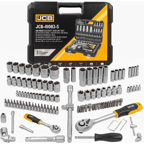 JCB Juego de llaves de vaso de 108 piezas JCB-41082-5 Acero CrV Accesorios de 1/4 y 1/2 pulgada Carracas Maleta