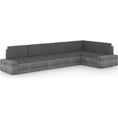 5-tlg. Garten-Lounge-Set mit Kissen Grau Poly Rattan