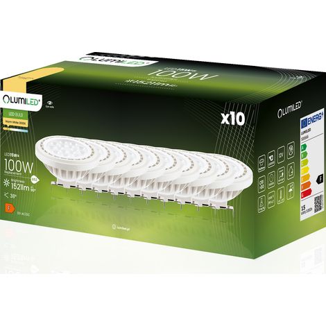 10 bombillas LED G53 tipo foco AR111 15W = 100W 1521lm 3000K Cálido 38° 12V LUMILED