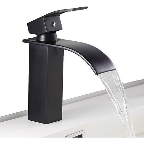 Robinet de Salle de Bain Cascade à Levier Unique Noir, Mitigeur de Lavabo Carré Laiton, Haut Mitigeur Vasque à Poser Eau Chaude et Froide