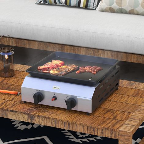 Plancha gaz en acier inox émaillé 2 brûleurs 4.8 kW antiadhésive grande surface de cuisson 40L x 34l cm. transportable