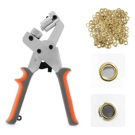 BUNTHAUS Kit d'outils pour œillets, presse à œillets, pince à œillets, ensemble manuel avec 300 œillets dorés de 10,5 mm, œillets métalliques portables pour ceintures, travaux manuels, affiches