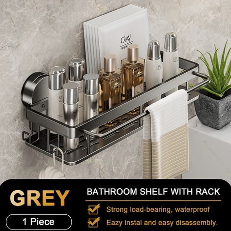 (1 étagère grise G3971) Étagère de salle de bain à ventouses, sans perçage, fixation murale, porte-flacons de shampoing, étagère de douche, étagère de rangement pour toilettes, en aluminium, pour sall (1/5)