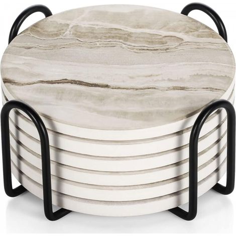 Sous-verres, lot de 6 sous-verres avec support, sous-verres absorbants antidérapants en céramique pour la maison, le café et les bars - Sous-verres à motif marbre (1/5)