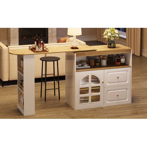 Meuble de rangement rotatif 360° blanc, moderne et épuré, avec 2 tiroirs et étagère ouverte, idéal pour chambre, salon ou salle à manger, armoire d'appoint à portes vitrées cintrées. (1/5)