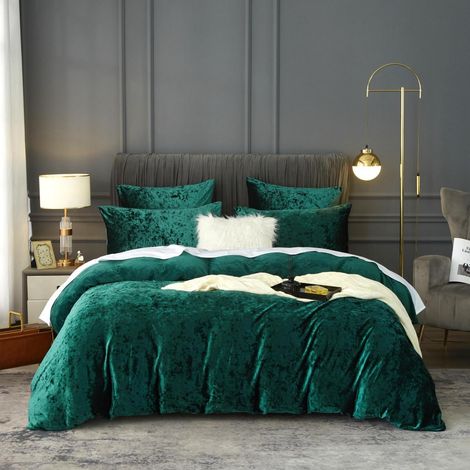 Linge de lit 155x220cm Velours Vert Housse de couette réversible avec 2 taies d'oreiller 80x80cm