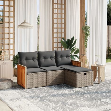 Set de sofás de jardín 4 pzas y cojines ratán sintético gris vidaXL (1/4)