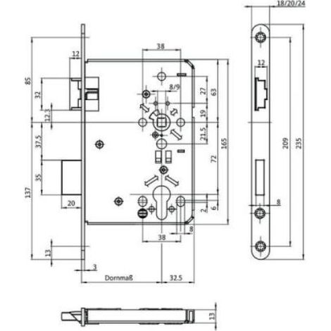 Serrure à larder 55 mm – Têtière inox 18 mm – Carré 8 mm – Bouts ronds – Condamnation gauche – Pour portes intérieures – BKS (1/2)