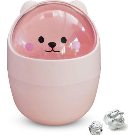 Mini papelera de escritorio con tapa, papelera de escritorio con forma de oso de dibujos animados fabricada en plástico de alta calidad (rosa). (1/5)