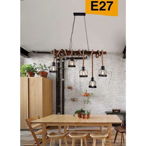 TrAdE Shop Traesio - Lampadario A Sospensione 5 Portalampada Corda Lampada Vintage Country E27 A91-5 - (1/5)